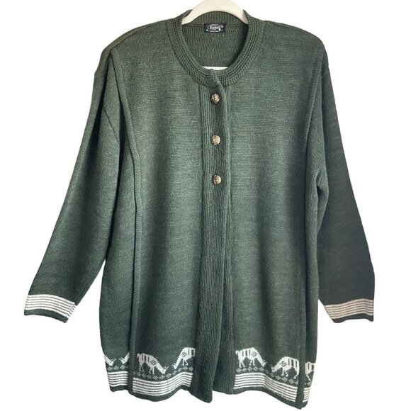 VTG Roger Sz Large Olive Green Cardigan Sweater wool blend Novelty Cows Goats - Picture 1 of 10